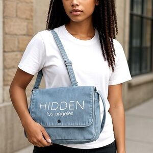 HIDDEN LOS ANGELES Denim Maxi Tote Bag Messenger Bag Blue Minimalist 11x15